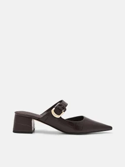 Bridget Embossed Leather Heel Mules - Dark Brown