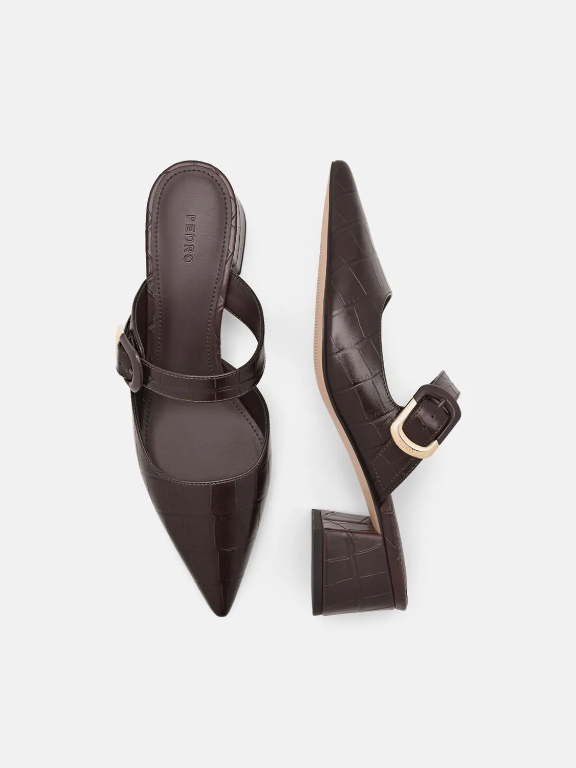 Bridget Embossed Leather Heel Mules - Dark Brown