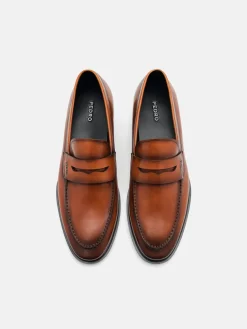 Burnished Leather Penny Loafers - Cognac