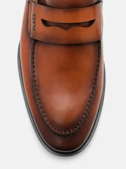 Burnished Leather Penny Loafers - Cognac