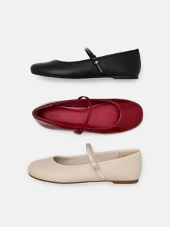 Claude Leather Mary Jane Flats - Beige