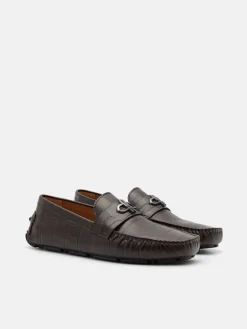 Croc-Embossed Leather Driving Shoes - Dark Brown