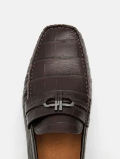 Croc-Embossed Leather Driving Shoes - Dark Brown