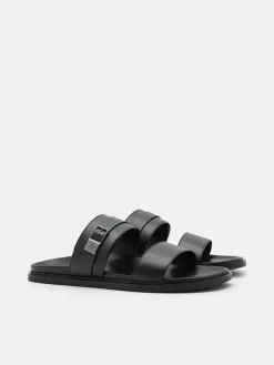 Double Band Buckle Slide Sandals - Black
