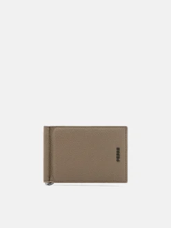 Embossed Leather Card Holder with Money Clip - Taupe