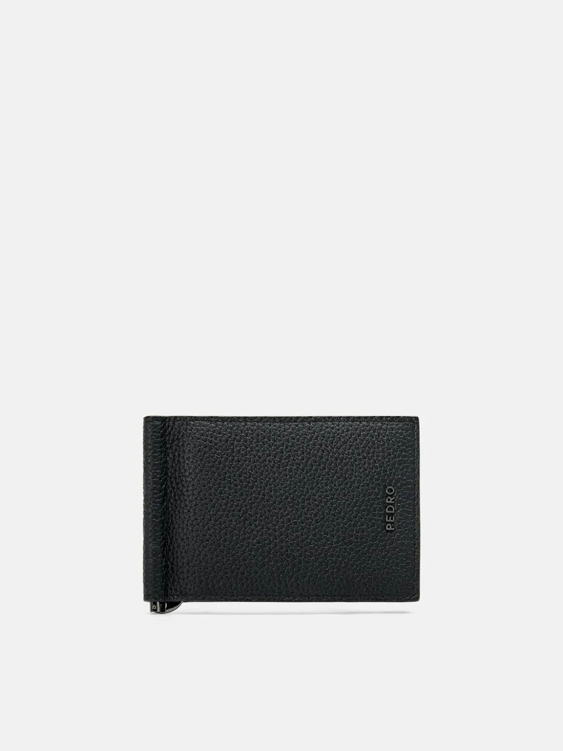 Embossed Leather Card Holder with Money Clip - Black