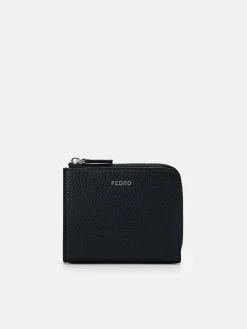 Embossed Leather Compact Wallet - Black