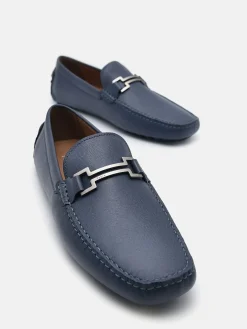Embossed Leather Driving Shoes - Navy