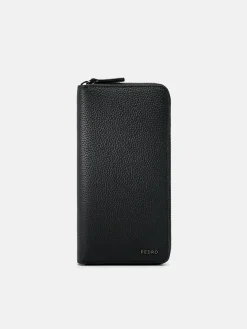 Embossed Leather Long Wallet - Black