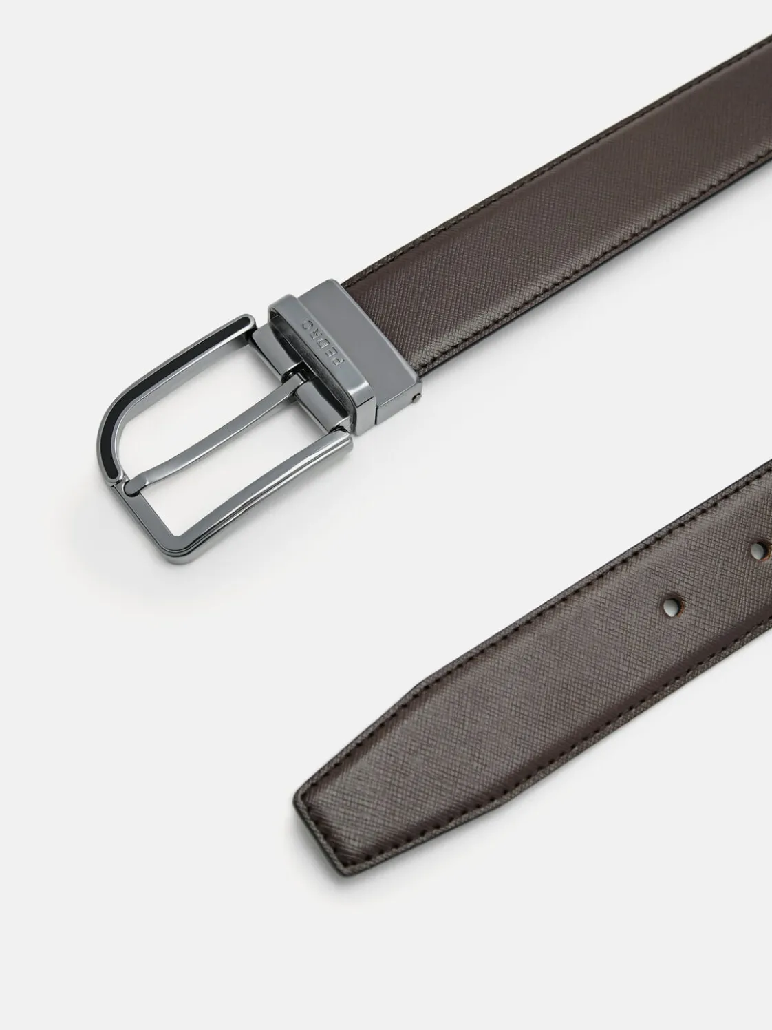 Embossed Leather Reversible Pin Belt - Dark Brown