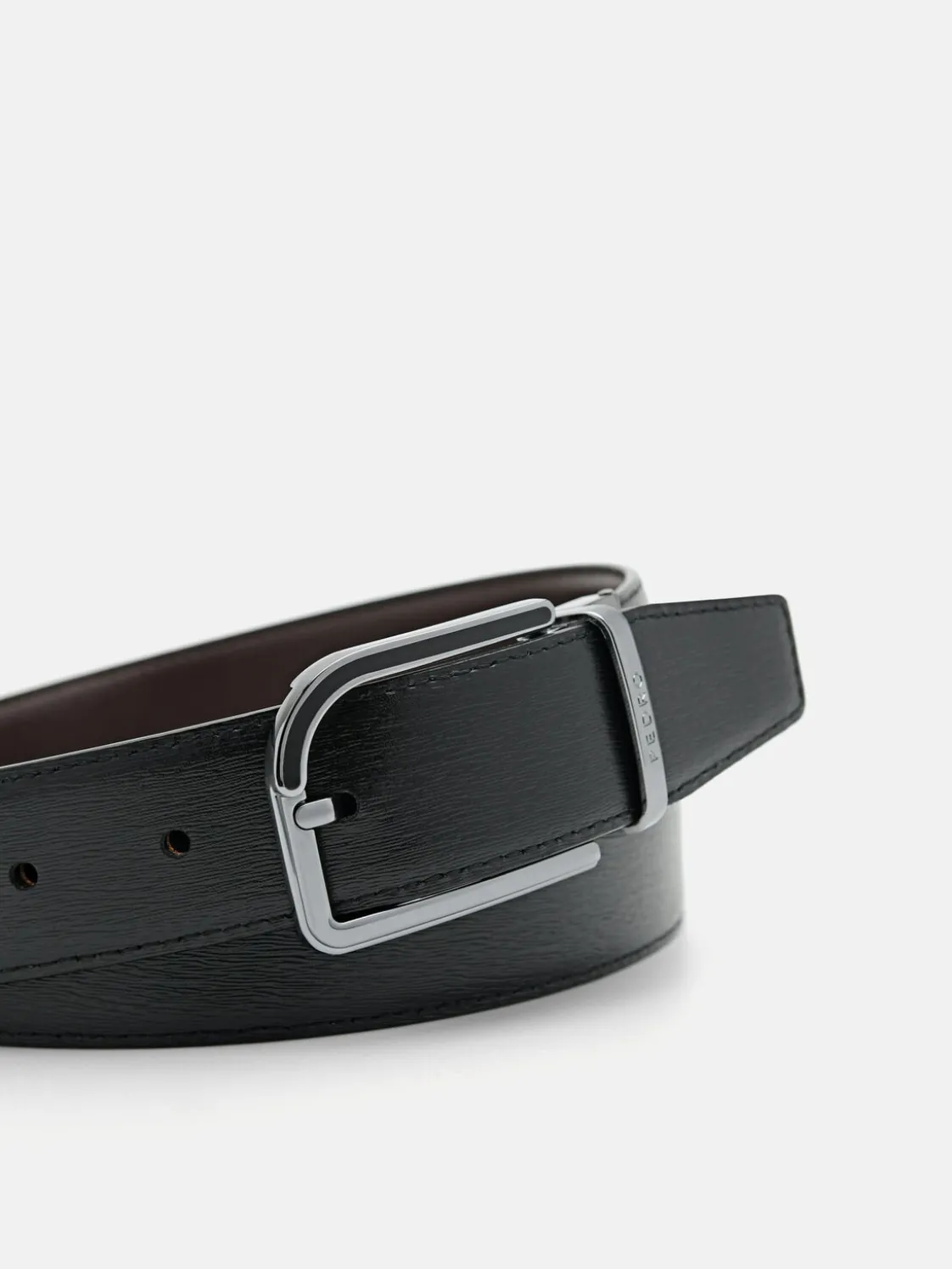 Embossed Leather Reversible Pin Belt - Dark Brown