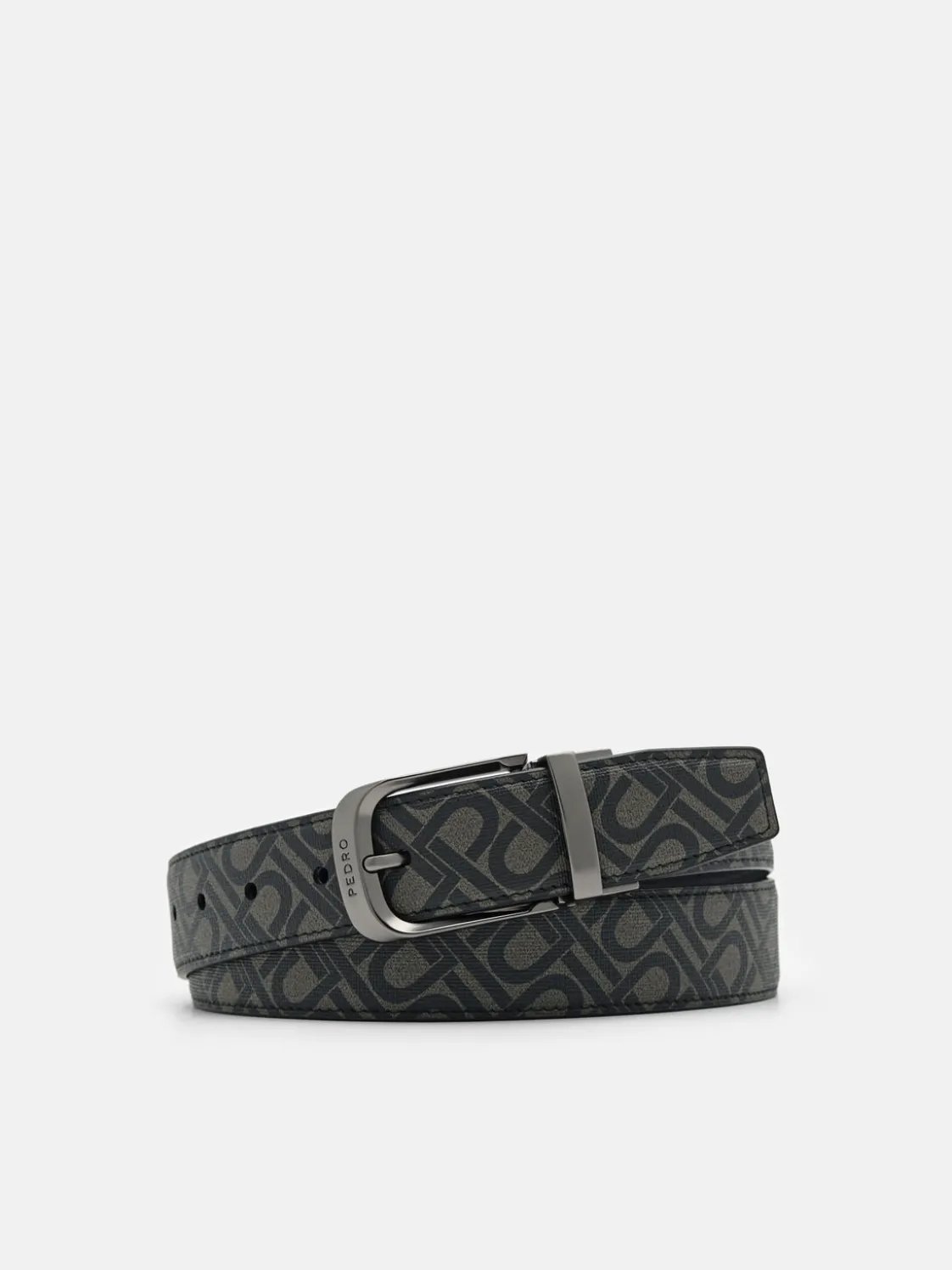 Embossed Leather Reversible Pin Belt - Black