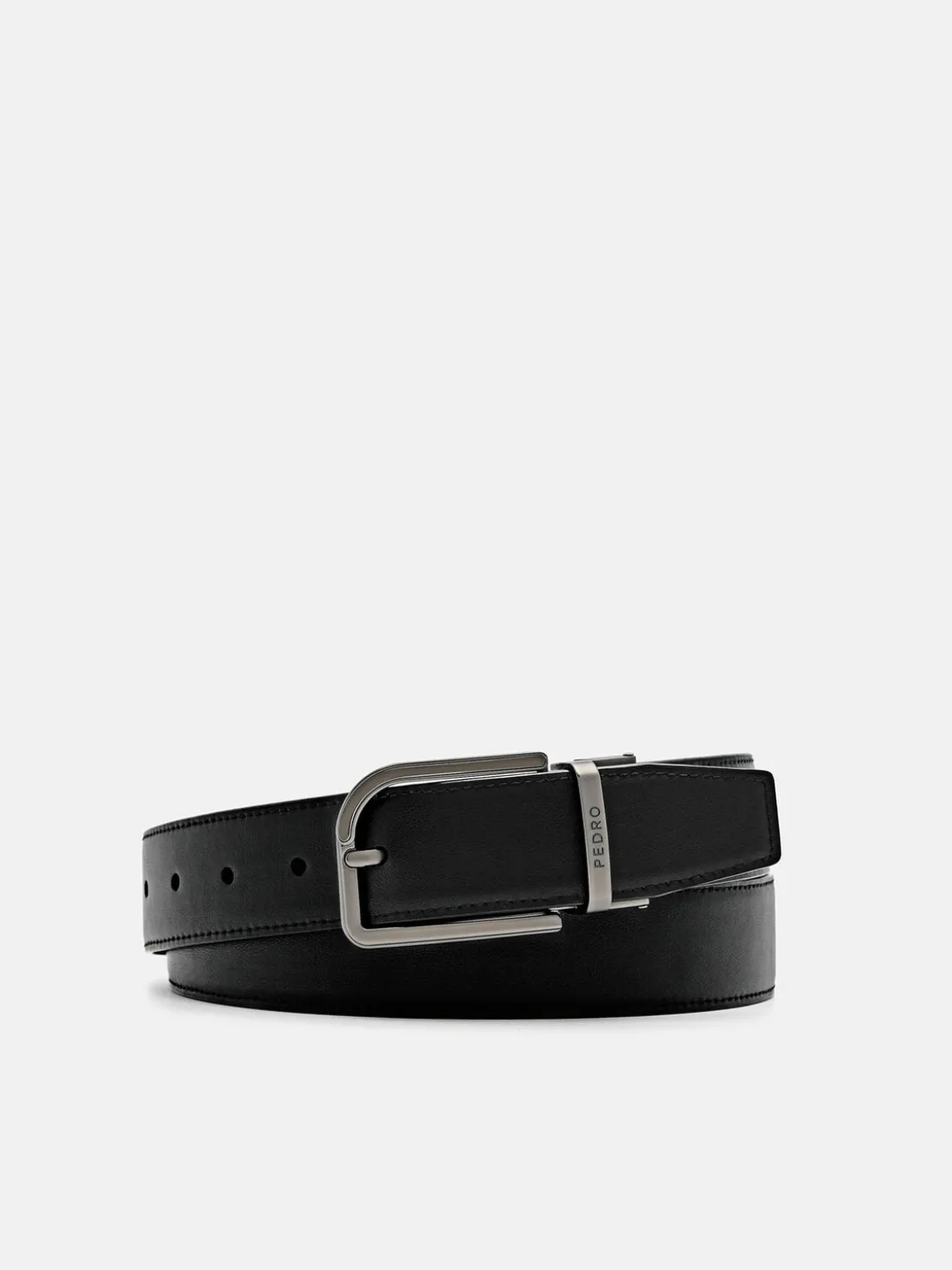Embossed Leather Reversible Pin Belt - Black