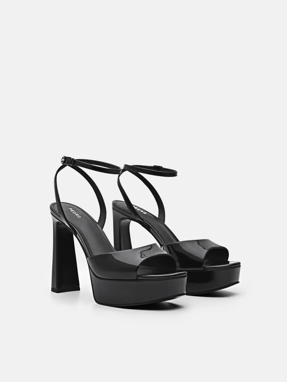 Leather Ankle Strap Heel Sandals - Black
