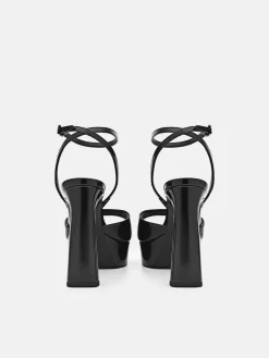 Leather Ankle Strap Heel Sandals - Black