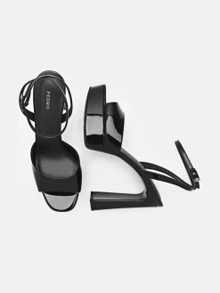Leather Ankle Strap Heel Sandals - Black