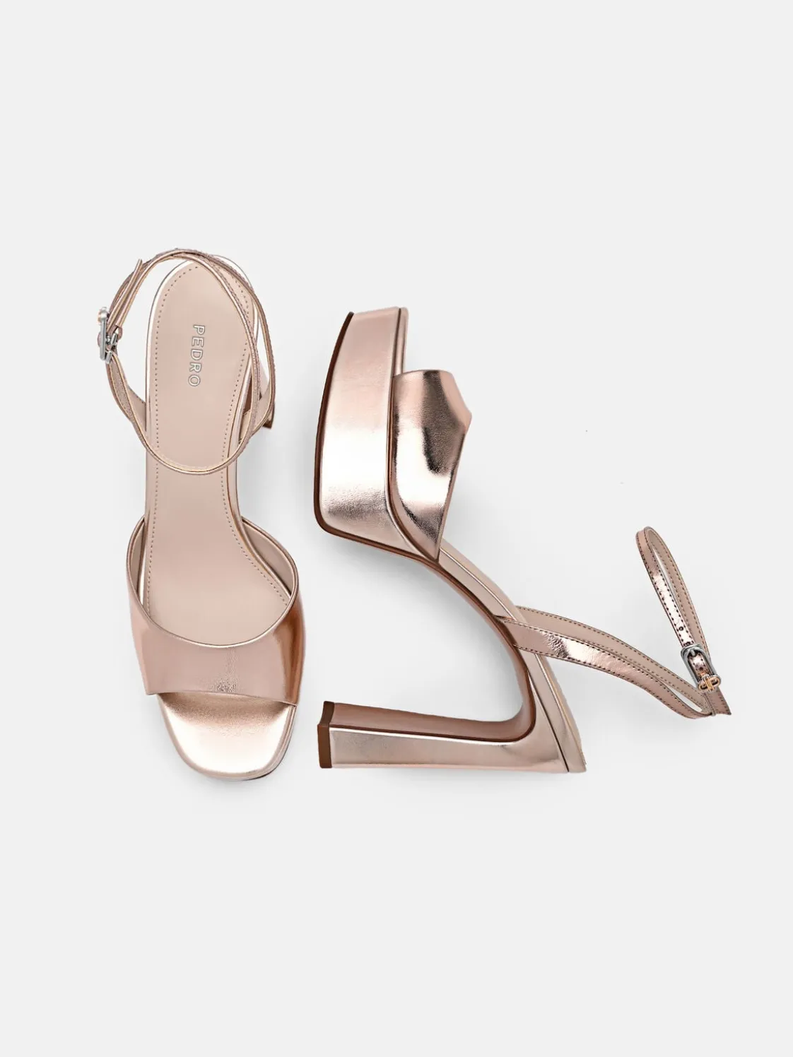 Leather Ankle Strap Heel Sandals - Rose Gold