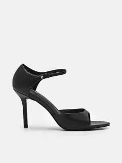 Leather Ankle Strap Stilletto Heel Sandals - Black