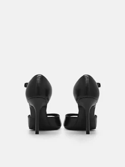 Leather Ankle Strap Stilletto Heel Sandals - Black