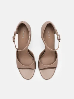 Leather Ankle Strap Stilletto Heel Sandals - Nude
