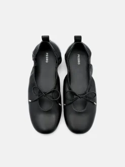 Leather Bowtie Ballerina Flats - Black