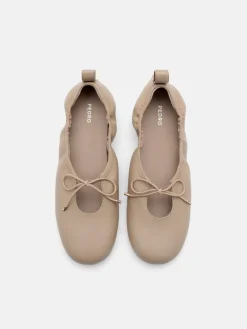 Leather Bowtie Ballerina Flats - Taupe