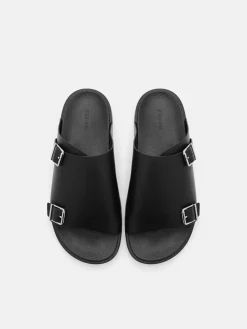 Leather Buckled Slide Sandals - Black