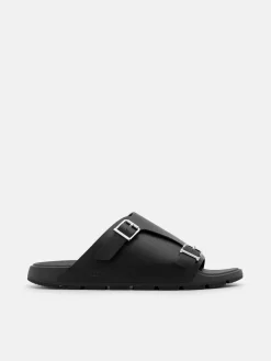 Leather Buckled Slide Sandals - Black