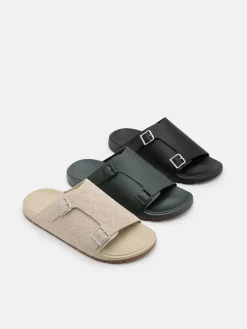 Leather Buckled Slide Sandals - Black