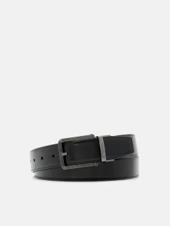 Leather Reversible Pin Belt - Black Textured