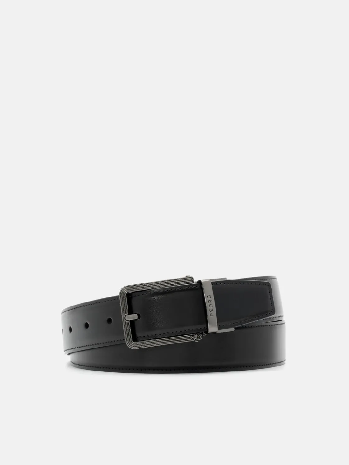 Leather Reversible Pin Belt - Black Textured