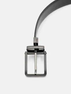 Leather Reversible Pin Belt - Black Textured