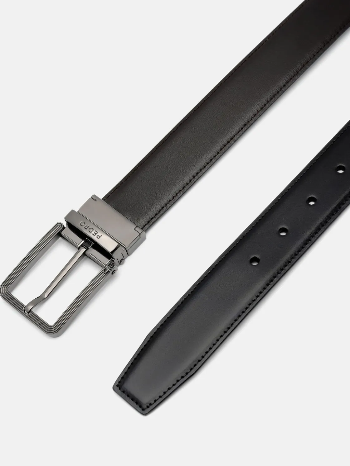 Leather Reversible Pin Belt - Black Textured