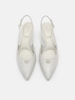 Leather Slingback Heel Pumps - Silver
