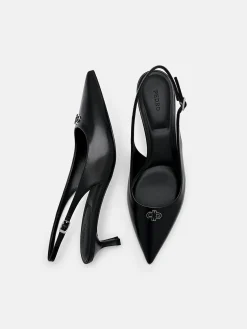 Leather Slingback Heel Pumps - Black