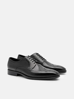 Leather Wingtip Derby Shoes - Black