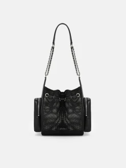 Mesh Drawstring Bucket Bag - Black Fabric
