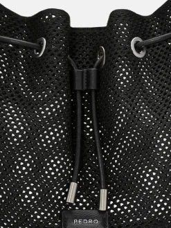 Mesh Drawstring Bucket Bag - Black Fabric