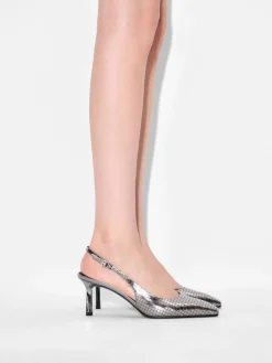 Metallic Leather Slingback Heel Pumps - Pewter