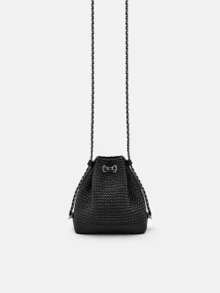 Raffia Mini Bucket Bag - Black