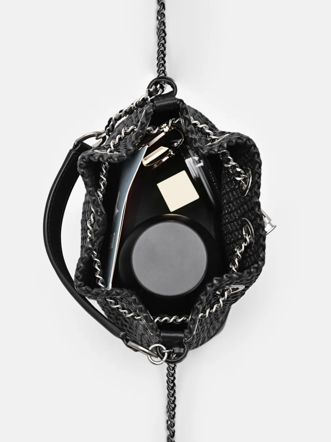 Raffia Mini Bucket Bag - Black