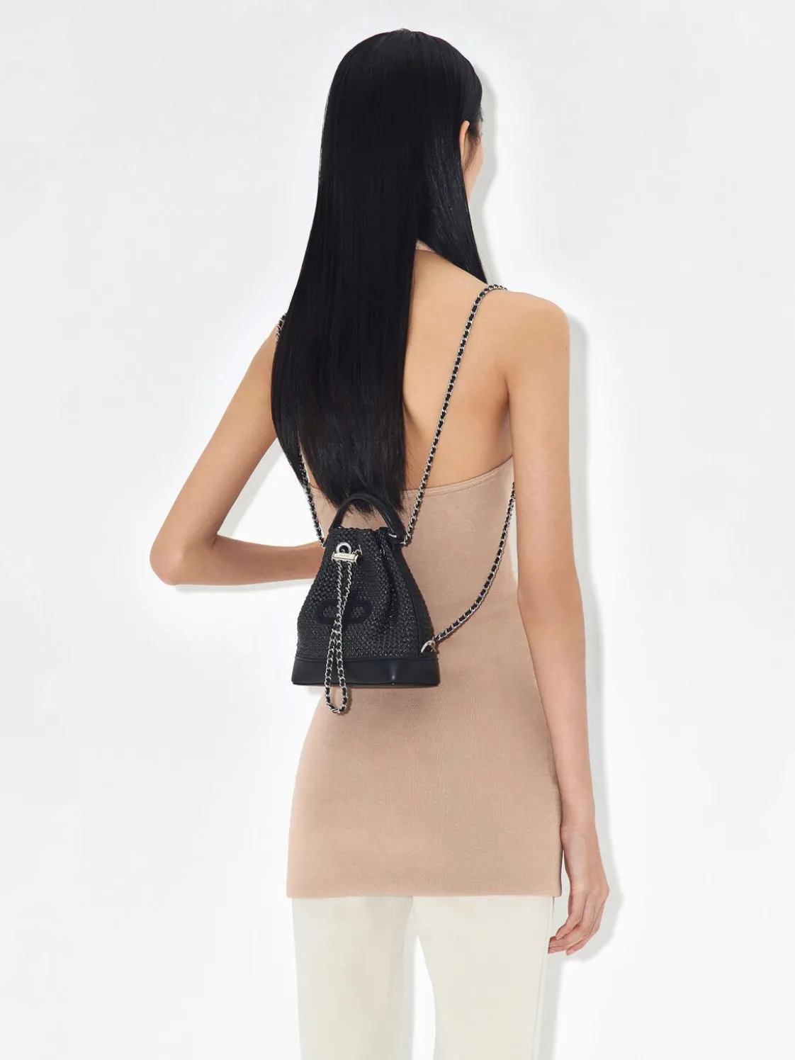 Raffia Mini Bucket Bag - Black
