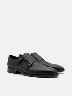 Saffiano Leather Double Monkstrap Shoes - Black
