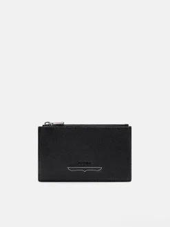 Saffiano Leather Zipped Card Holder - Black Saffiano